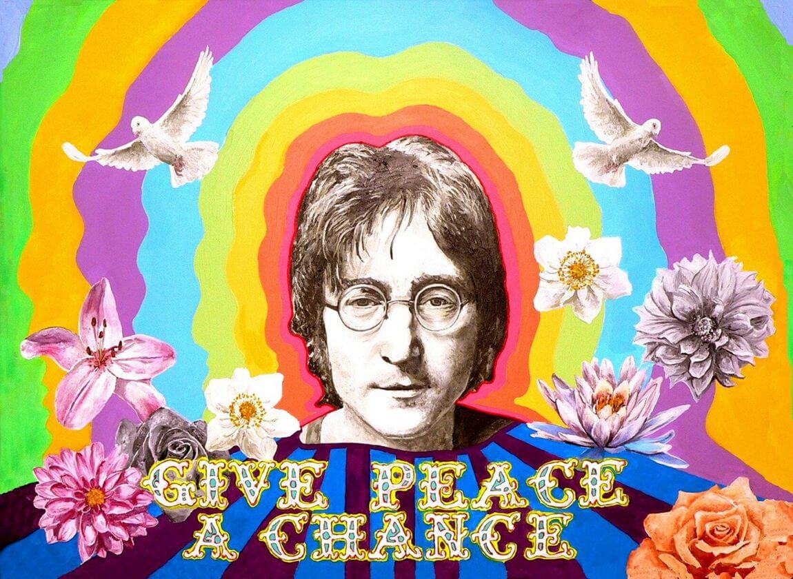 John Lennon en el centro en una composición psicodélica que acomapaña a la partitura de piano de su canción Imagine